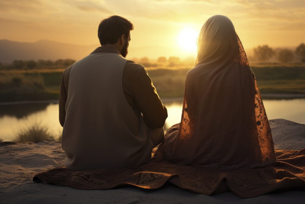 المسؤولية الأسرية back view islamic couple spending time together
